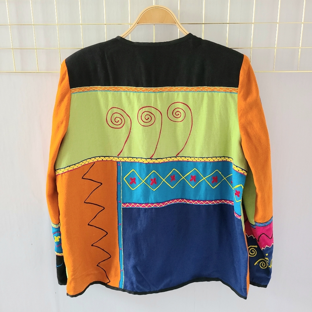 Indigo Moon Art to Wear Patchwork Color Block Flax Blend Jacket - Picture 3 of 10